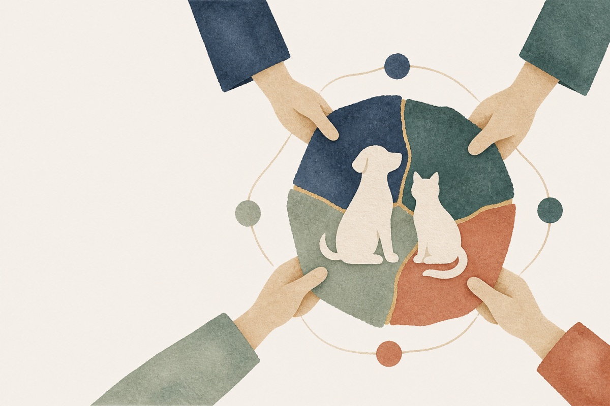 4人の愛玩動物看護師の手が犬と猫を中心に水彩紙のパーツをつなぐイラスト